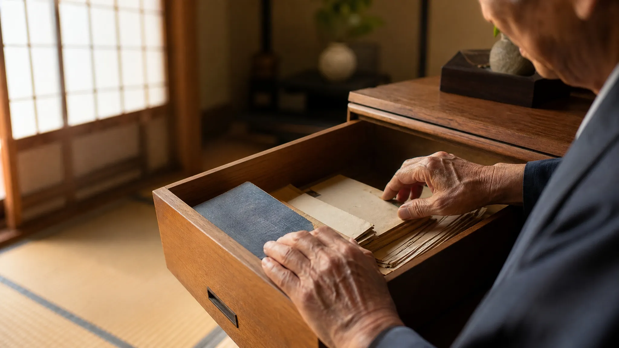 朝の自然光が入る部屋で、木製の引き出しを開けて古い手紙やノートを丁寧に整理する年配男性の手元