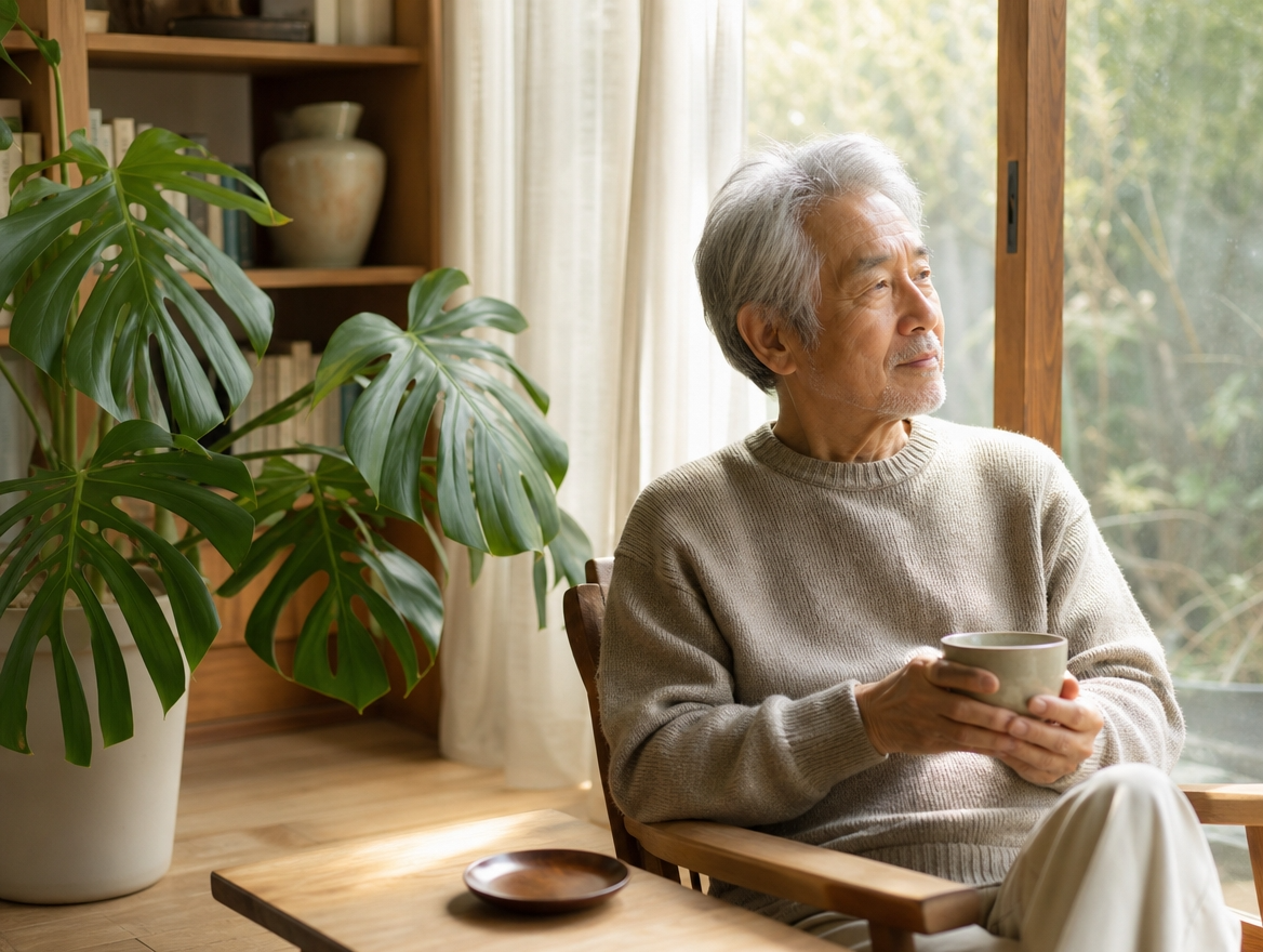 朝、柔らかな自然光の入る自宅の窓辺で、70代の男性がマグカップのお茶を両手で持ち、穏やかに自分の体と向き合っている様子