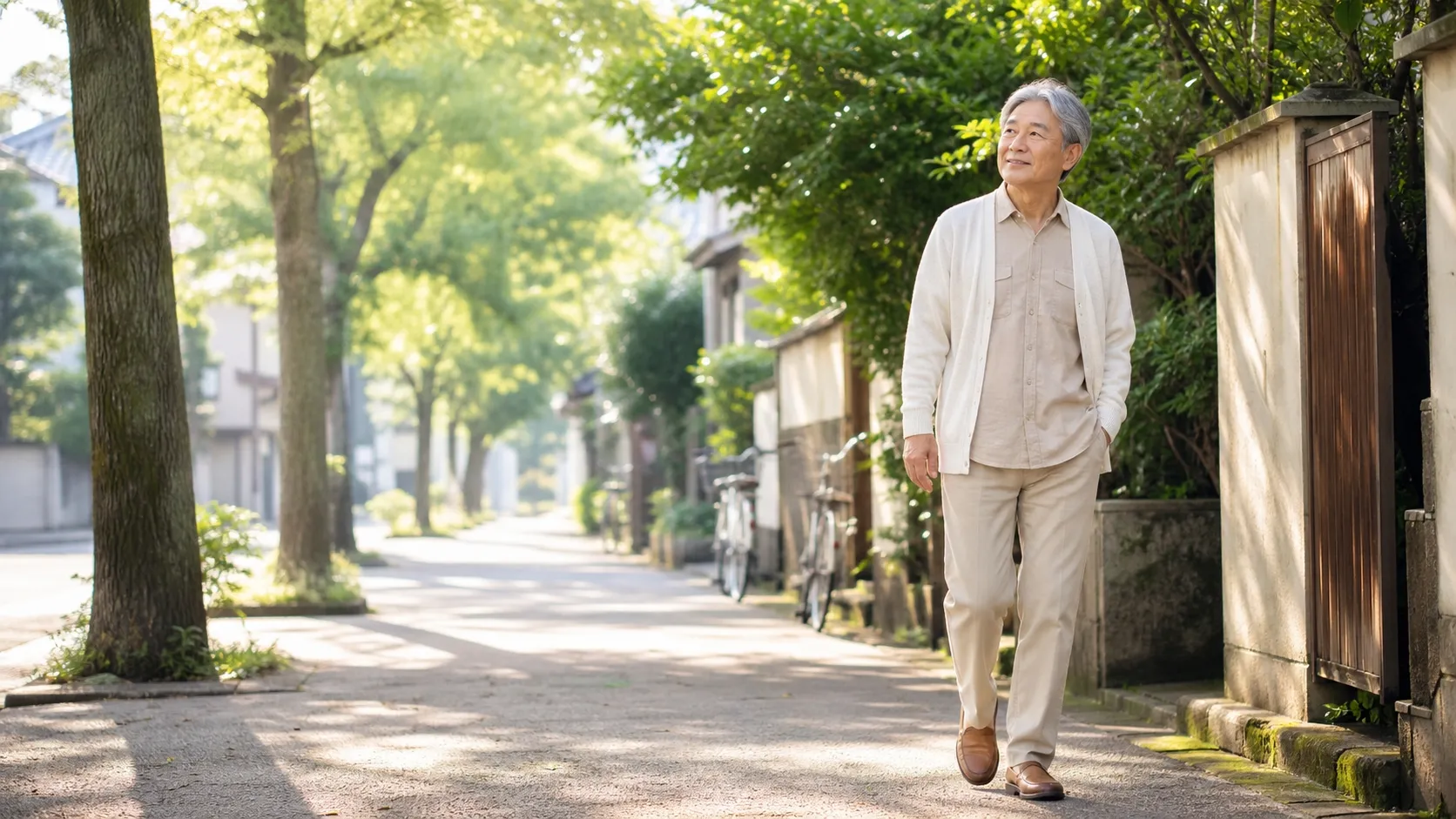 住宅街を自然に歩く人生後半の男性