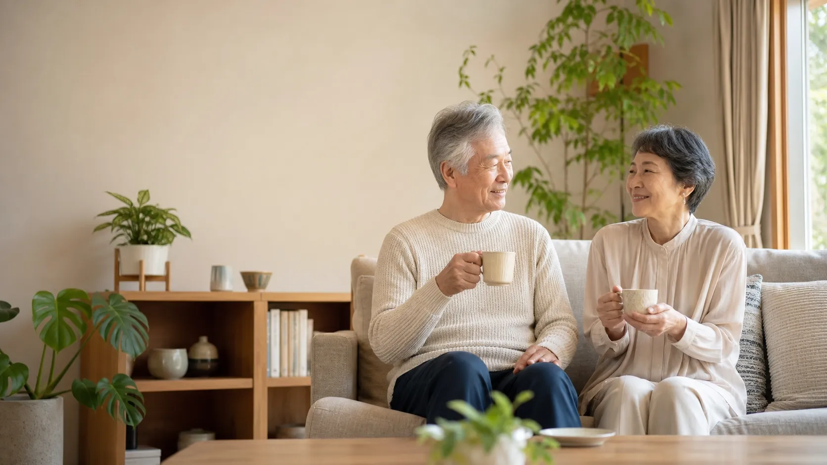 夫婦ふたりの時間を楽しみながら穏やかに会話する人生後半の夫婦