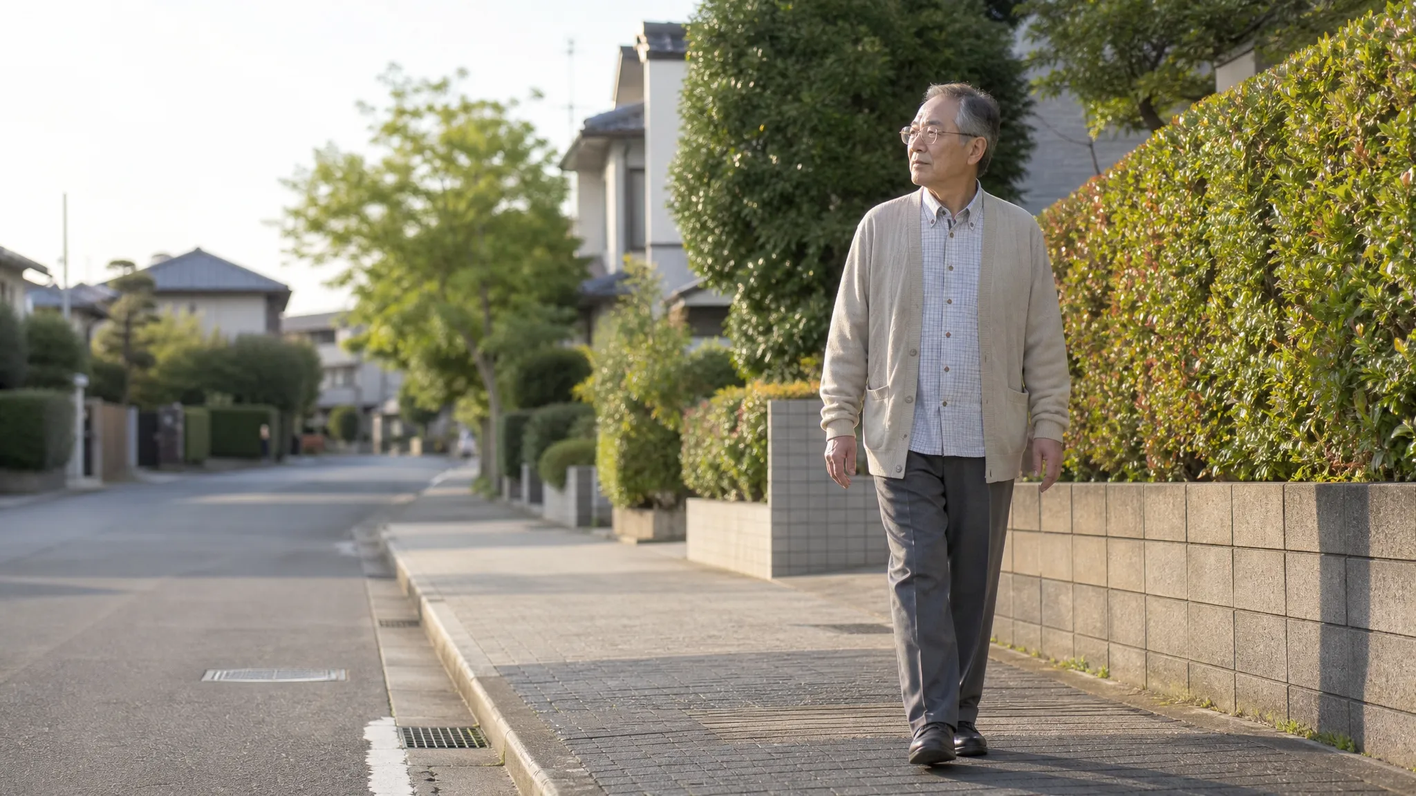 高齢者が歩きやすい体を意識して住宅街を歩いている様子