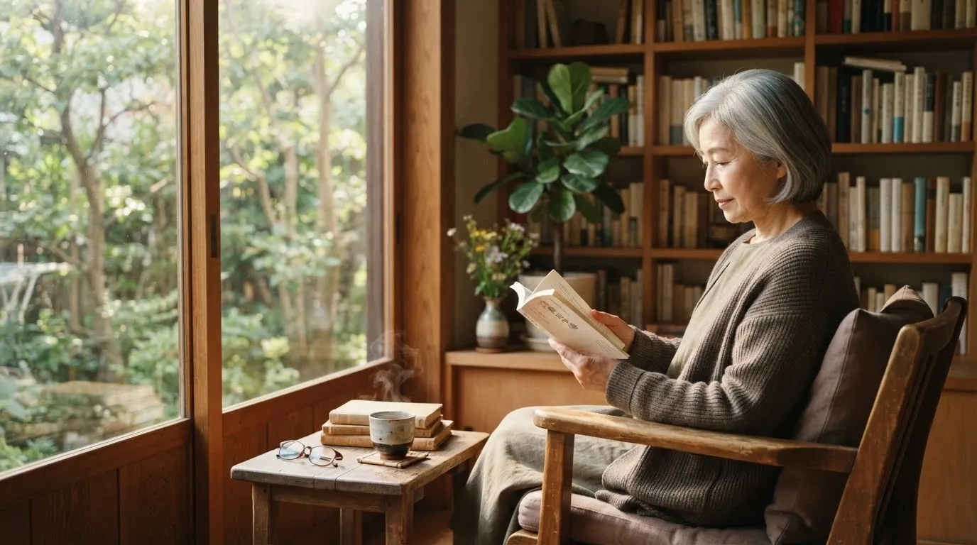 人生後半に読書を楽しむ人と本のある穏やかな時間