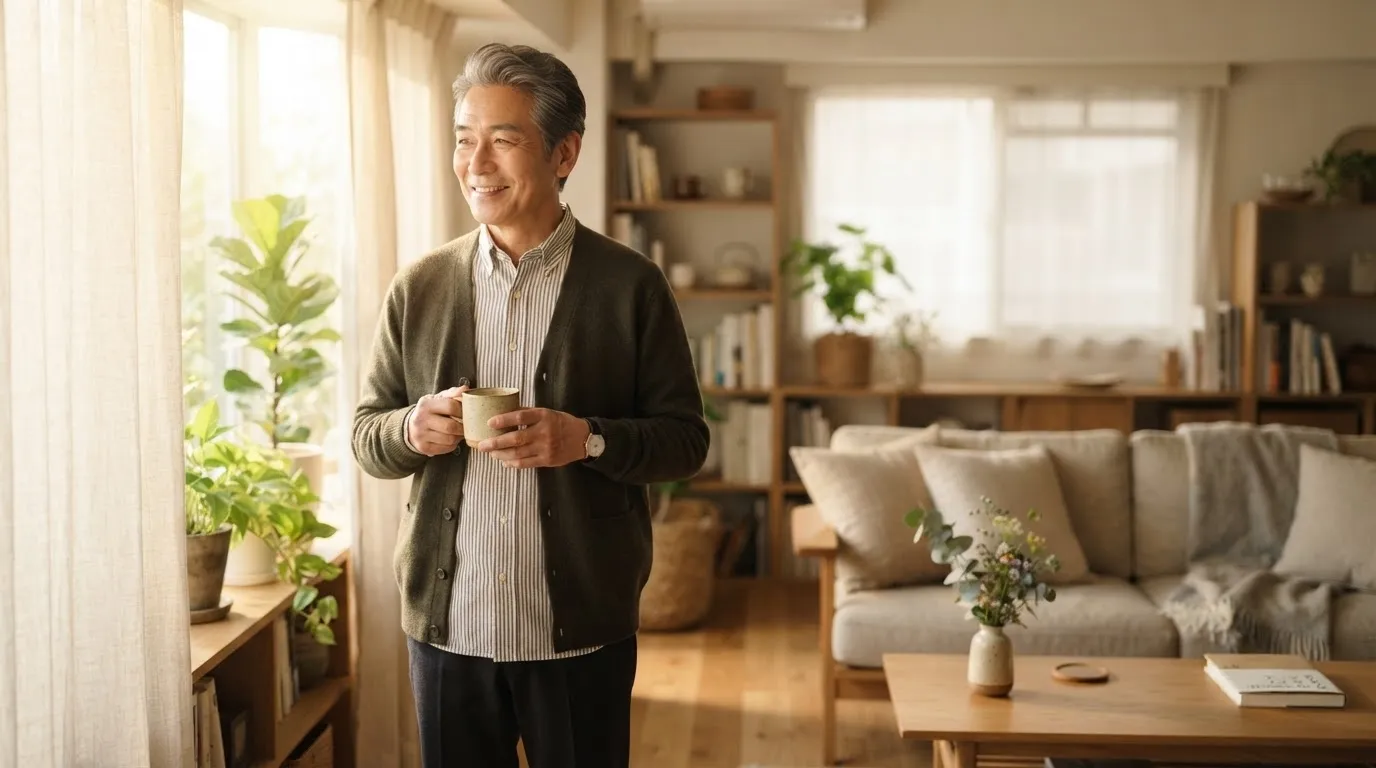 定年後の朝を穏やかに過ごすシニア男性