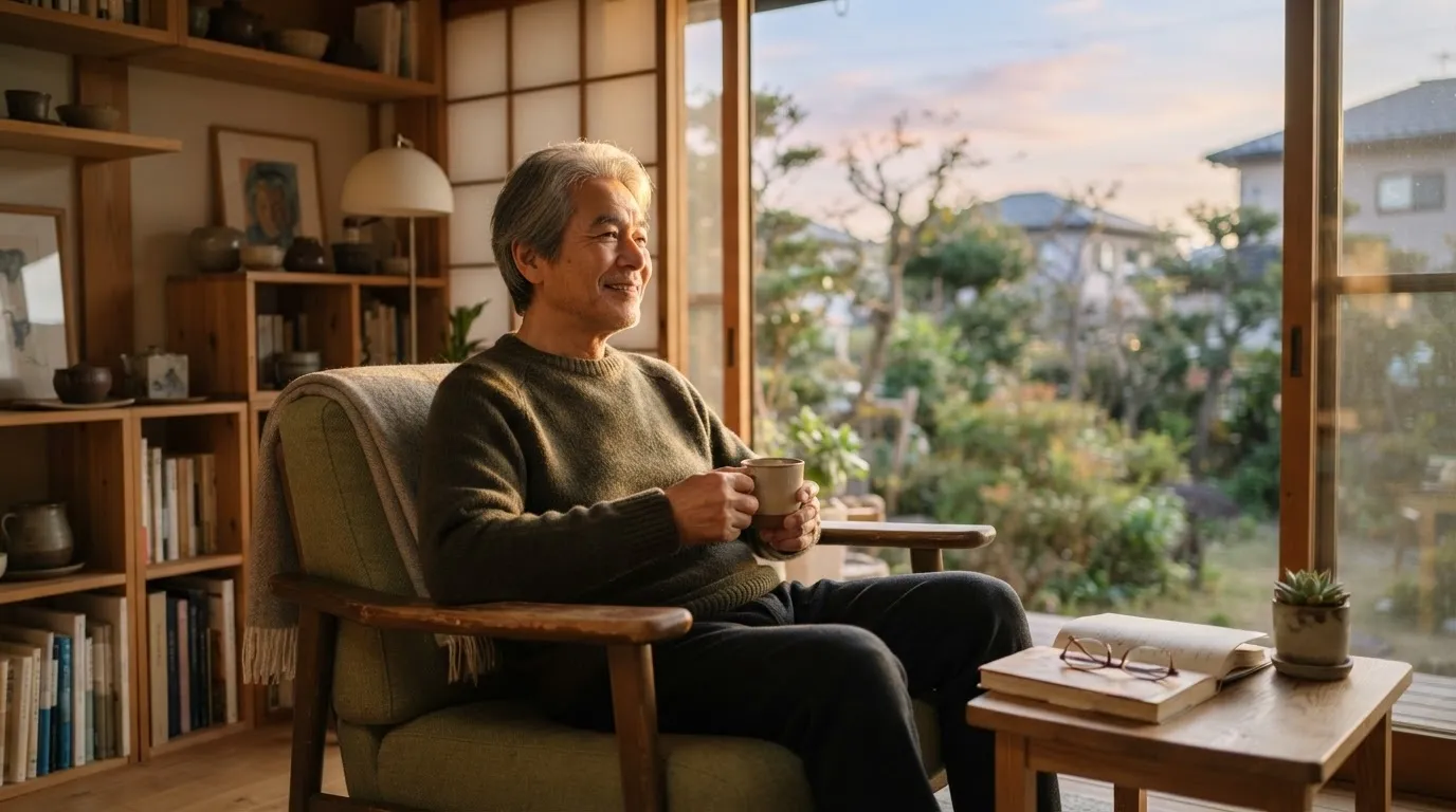 夕方の自宅でゆったり過ごすシニア男性