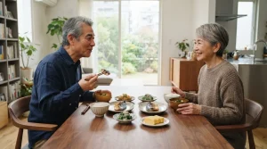 70代の夫婦が食事を楽しみながら会話をする様子