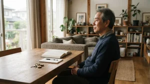 自由な時間に何をするか静かに考える人生後半の男性