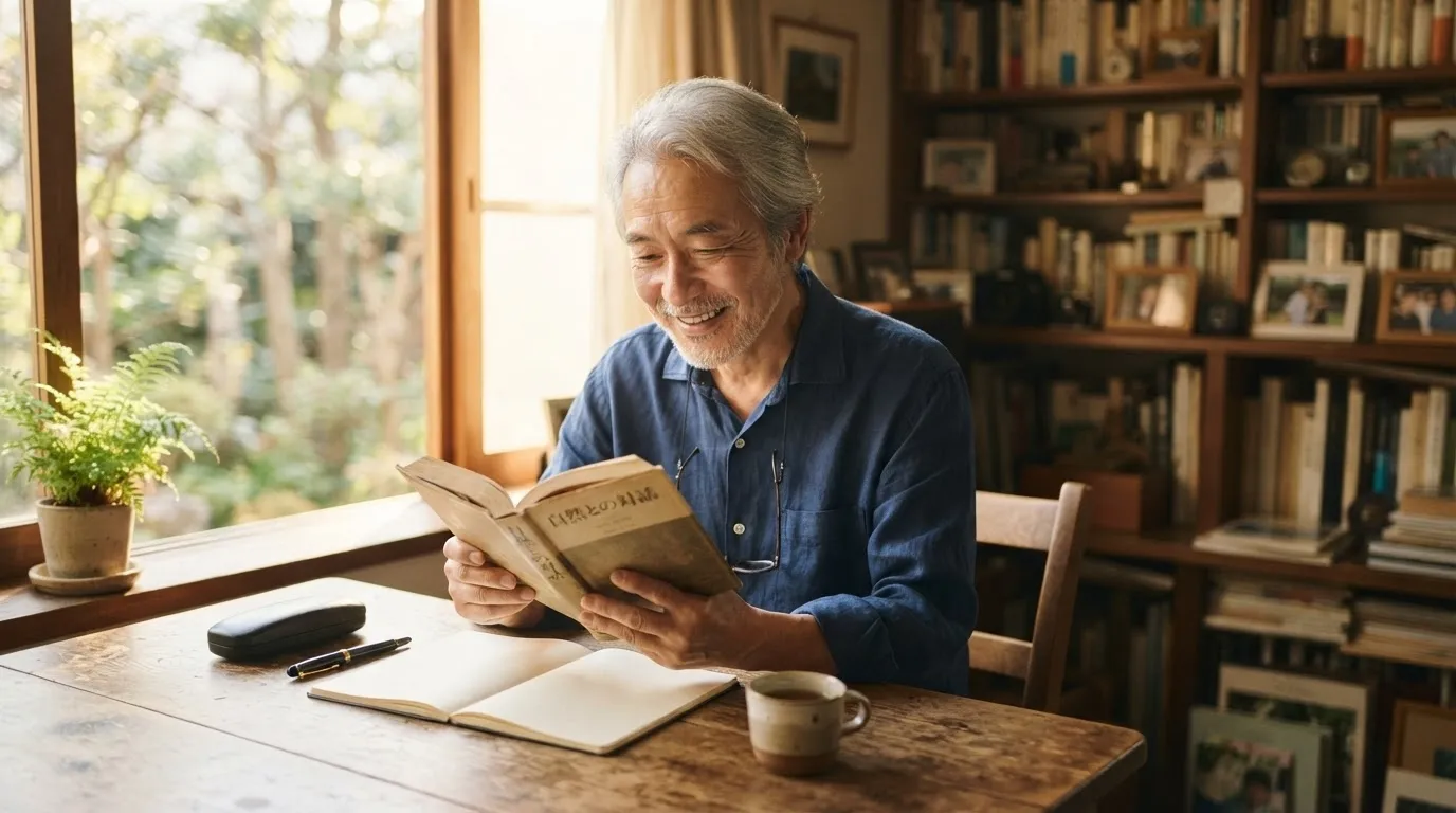 定年後に自分に合った学びを見つけ、本を読みながら新しいことに興味を持つシニア男性