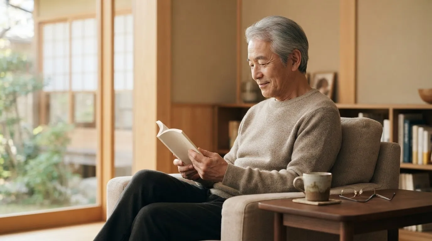 自宅でゆっくり本を読み、人生後半の読書時間を楽しむシニア男性