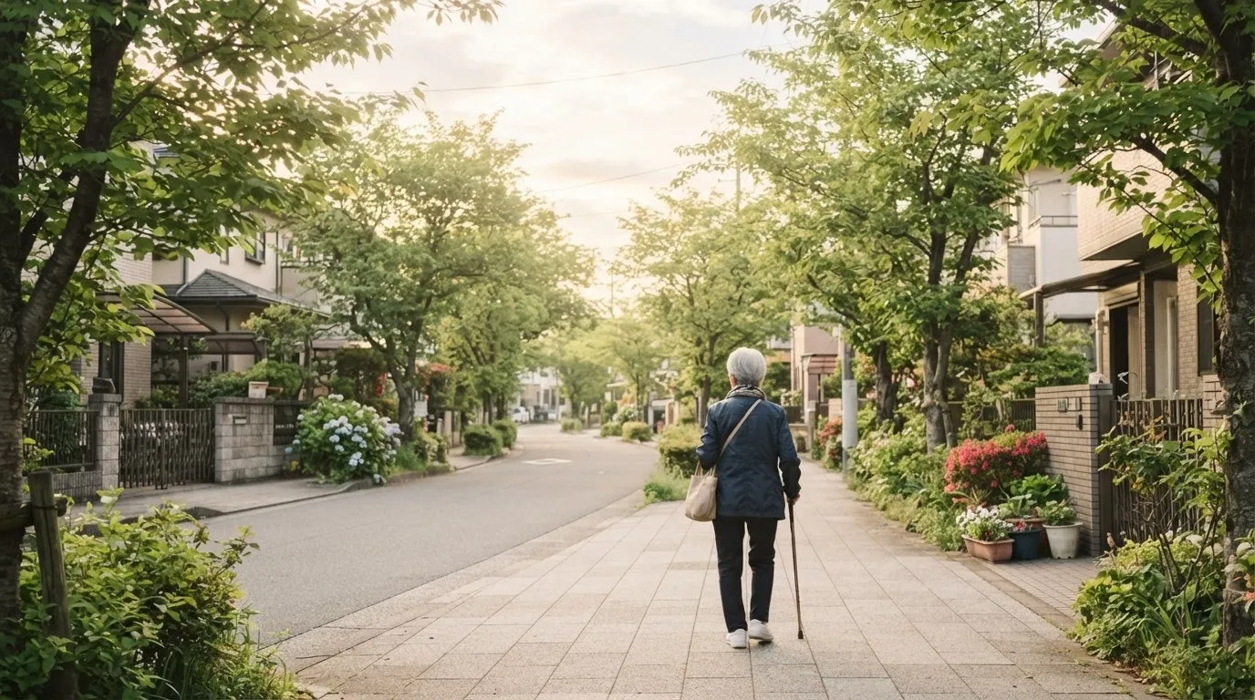 人生後半の人が朝の住宅街をゆっくり歩き、気軽に外出を楽しんでいる様子
