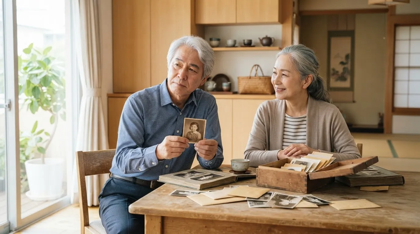 家族に残したい思い出の品を整理する人生後半の夫婦