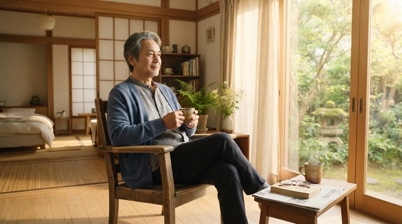 朝の光が入る部屋で、体調を確かめながらゆっくり一日を始める人生後半の男性