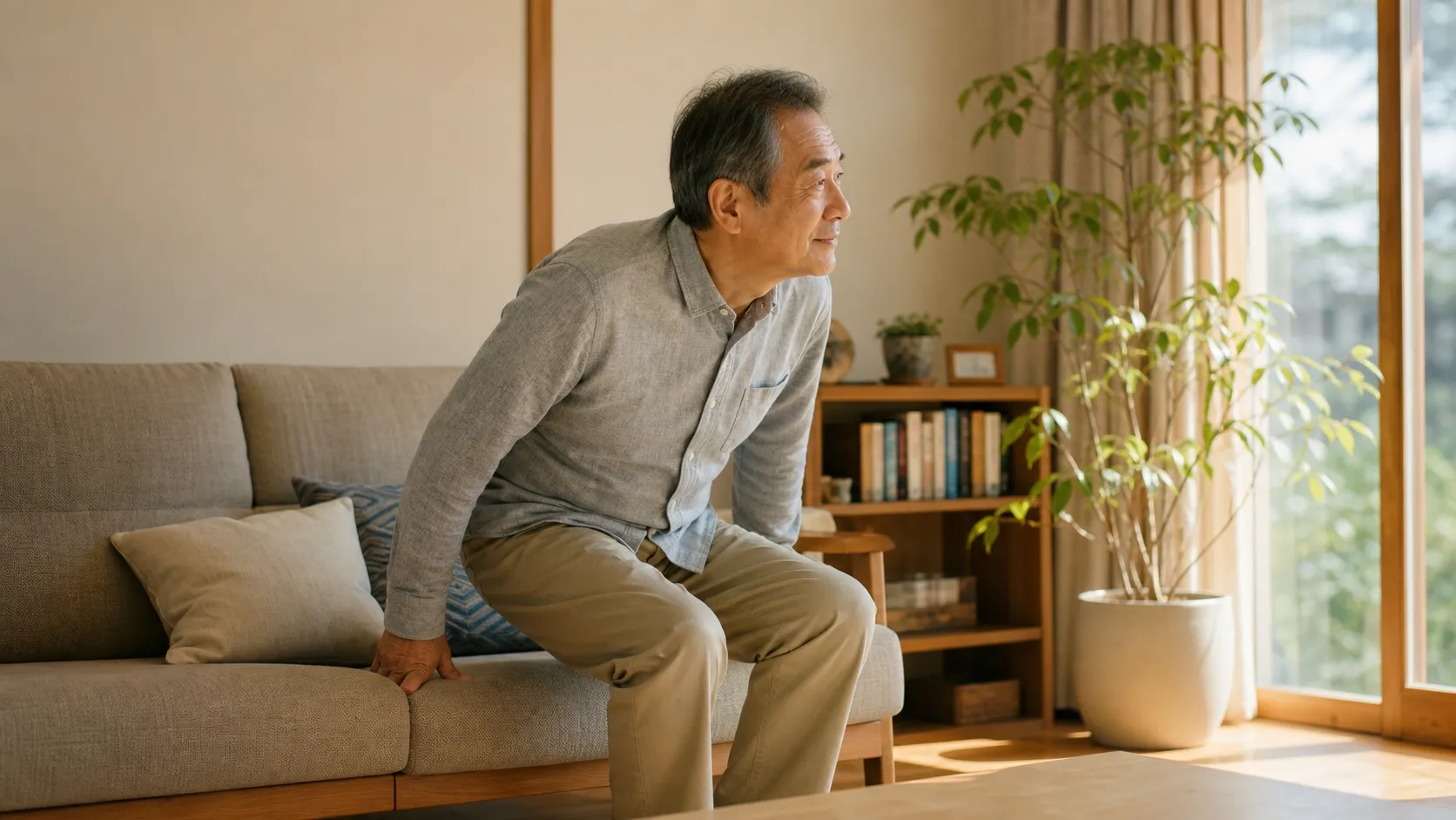 定年後の暮らしの中でソファから立ち上がり、自然に体を動かそうとするシニア男性
