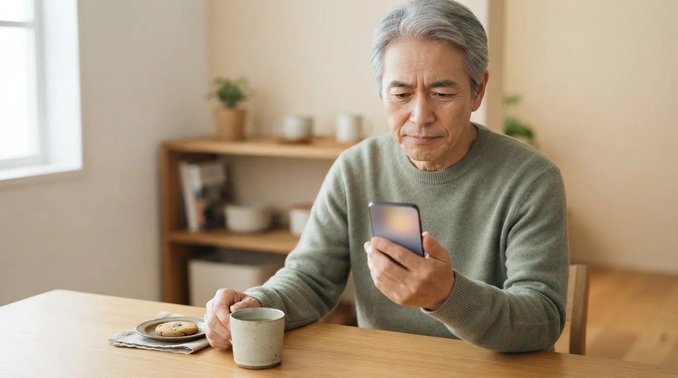 スマホに突然表示された知らない画面を見て、操作してよいか迷う人